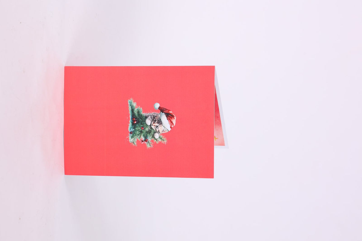 Christmas Tree & Cat Floral Branch Greeting Card