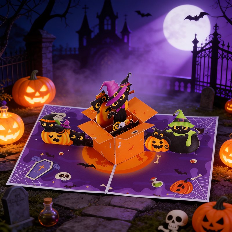 Moon Cat Box Halloween Greeting Card