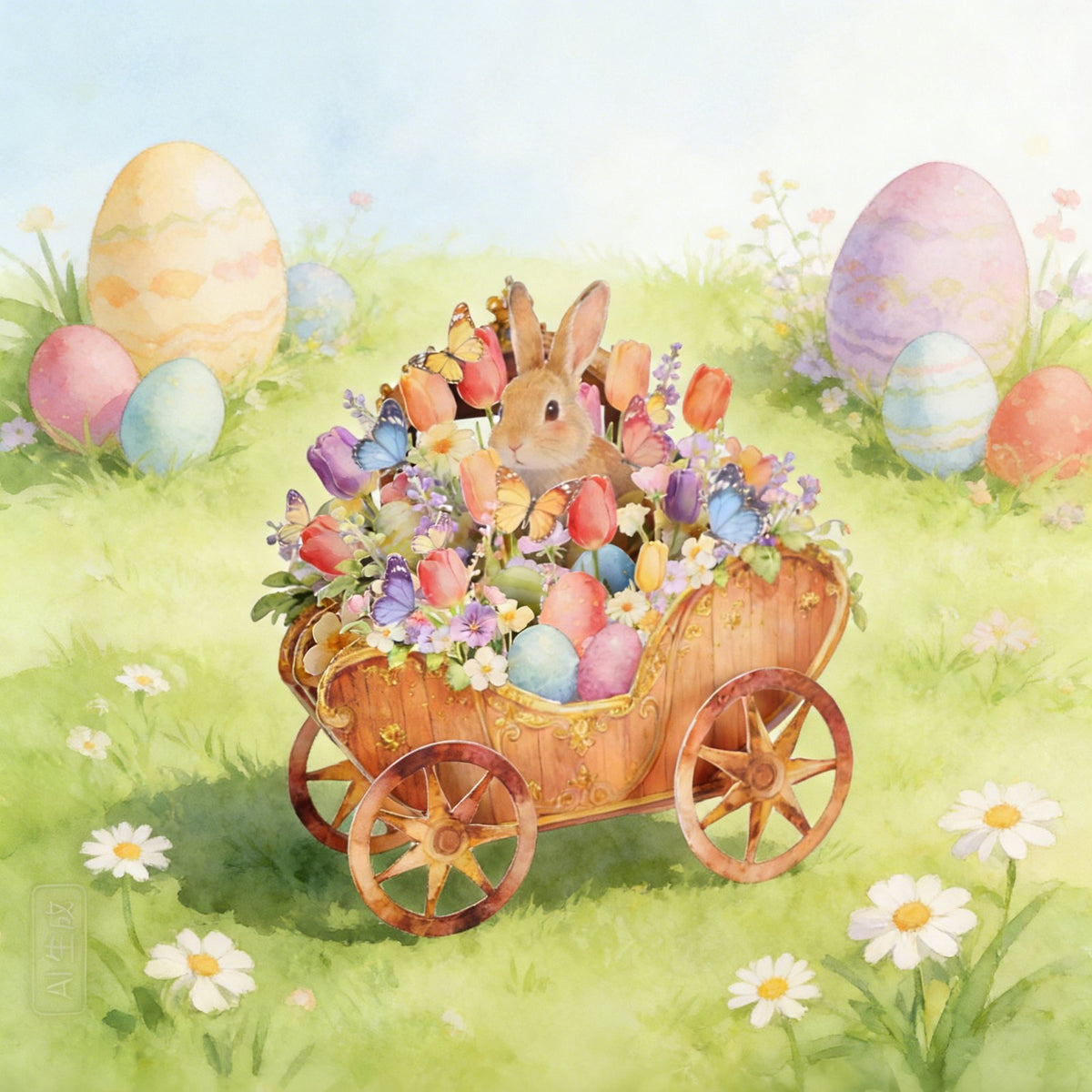 Easter Bunny Flower Cart Greeting Card
