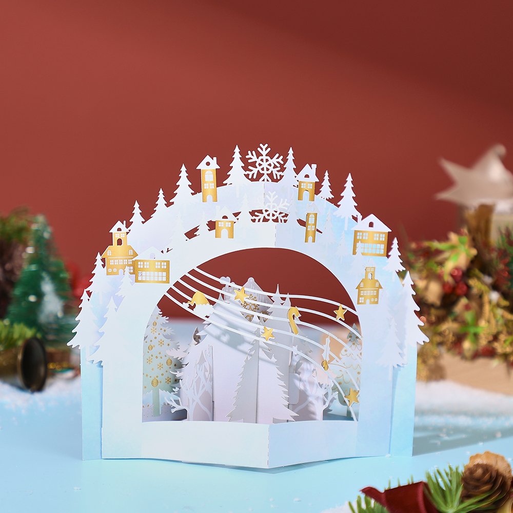 White Snowy Scene Forest Cottage 3D Pop Up Card