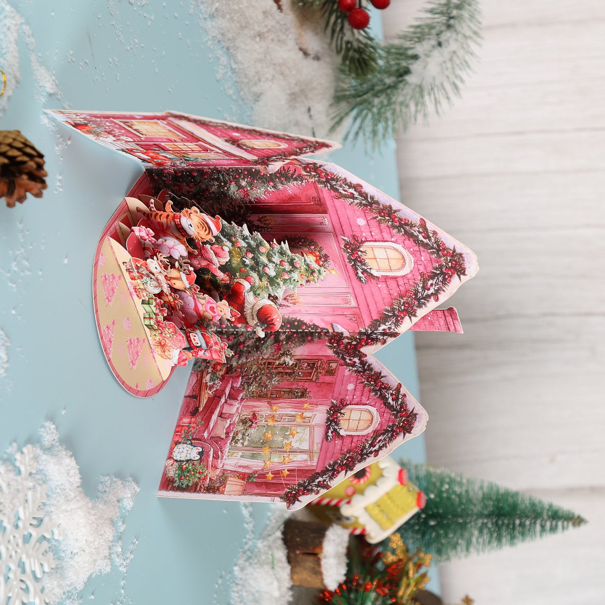 Pink Christmas Snowy House Greeting Card