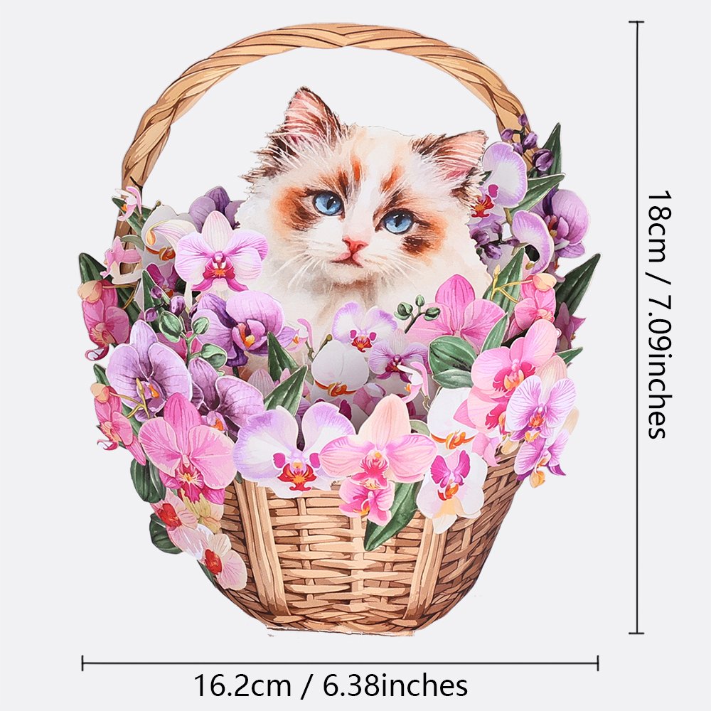 Orchid Ragdoll Cat Flower Basket Pop Up Card