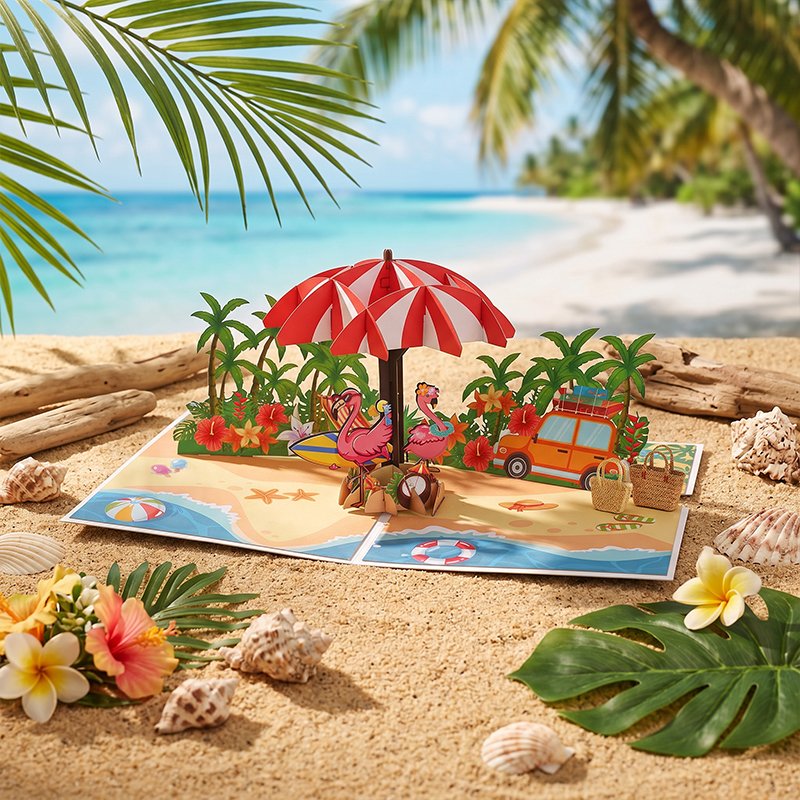 Tropical Beach Flamingo Pop Up Card
