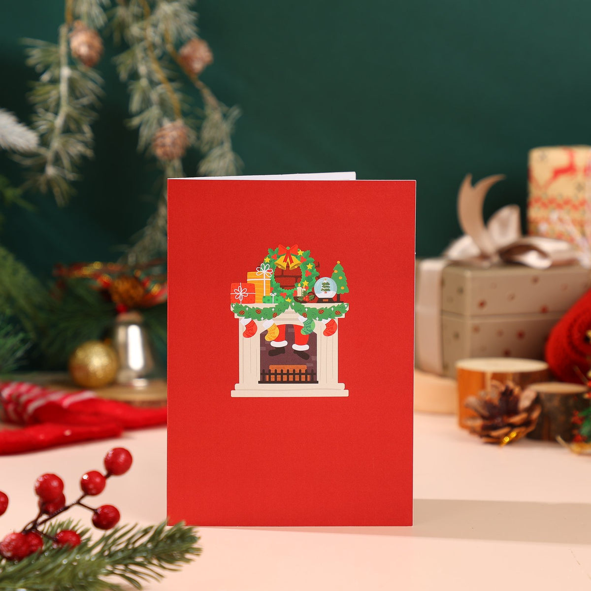 Christmas Fireplace Floral Wreath Flip Pop Up Card