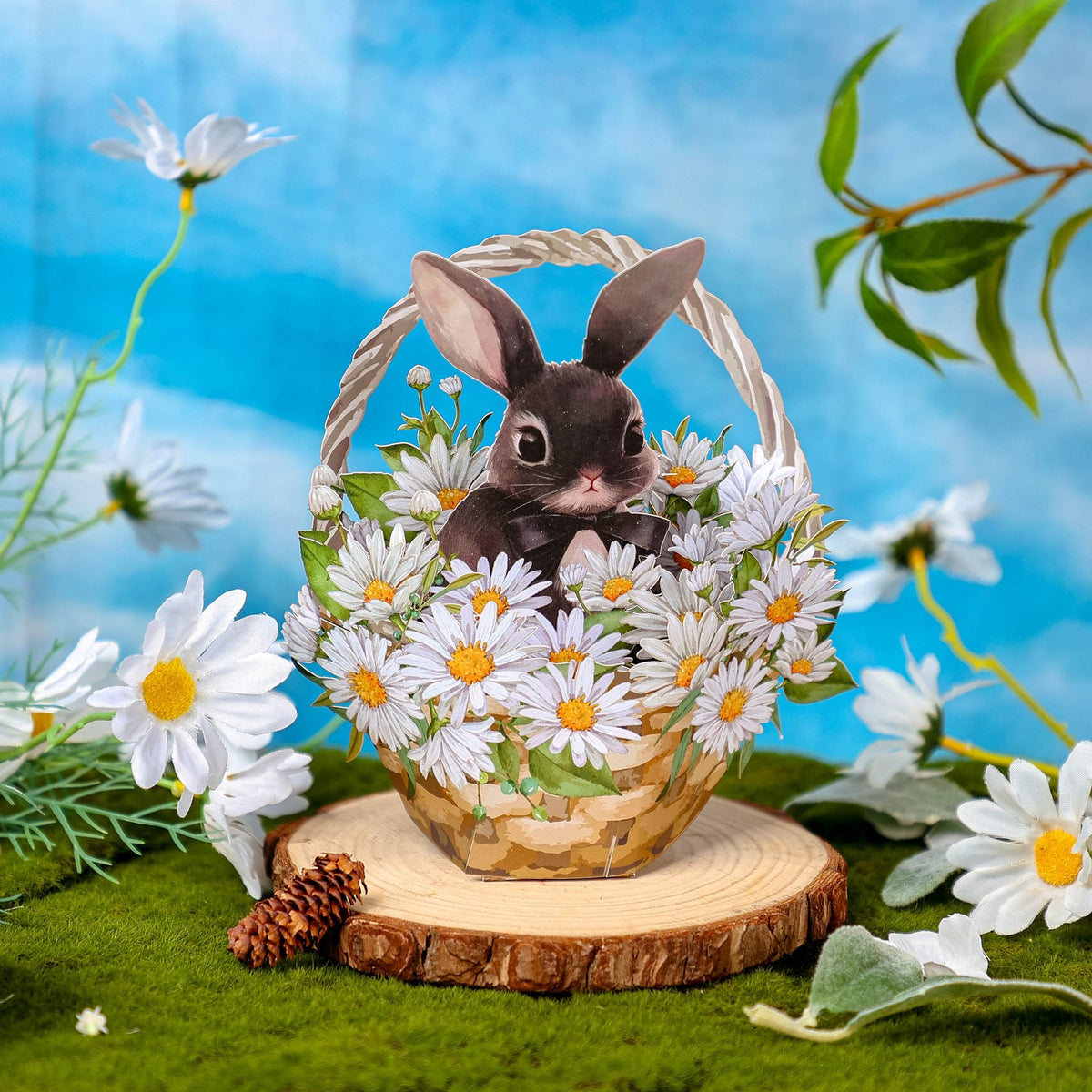 Black Rabbit Daisy Flower Basket Hanging Ornament
