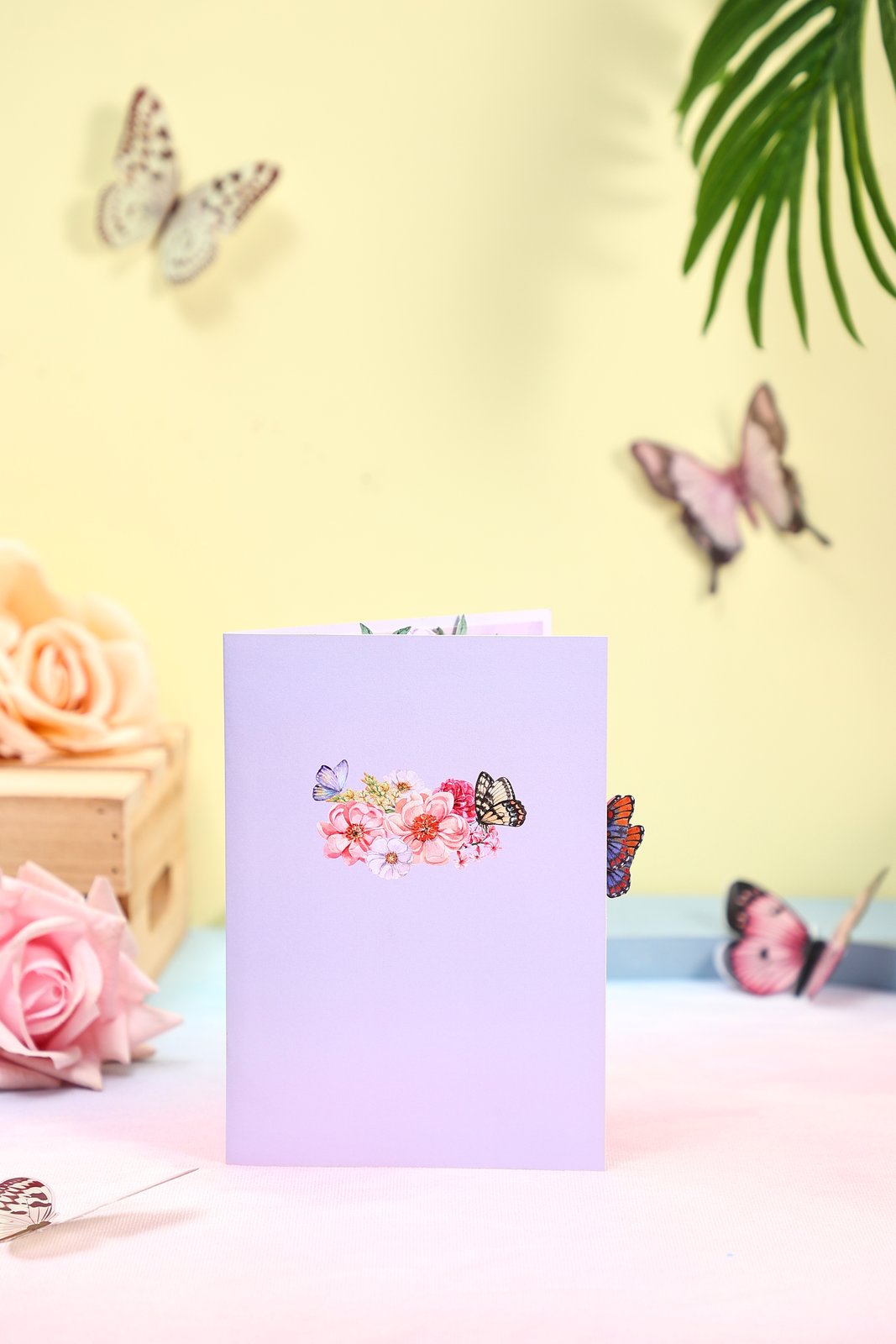 Purple Heart Fresh Flowers Butterfly Floral Wreath Pop Up Card