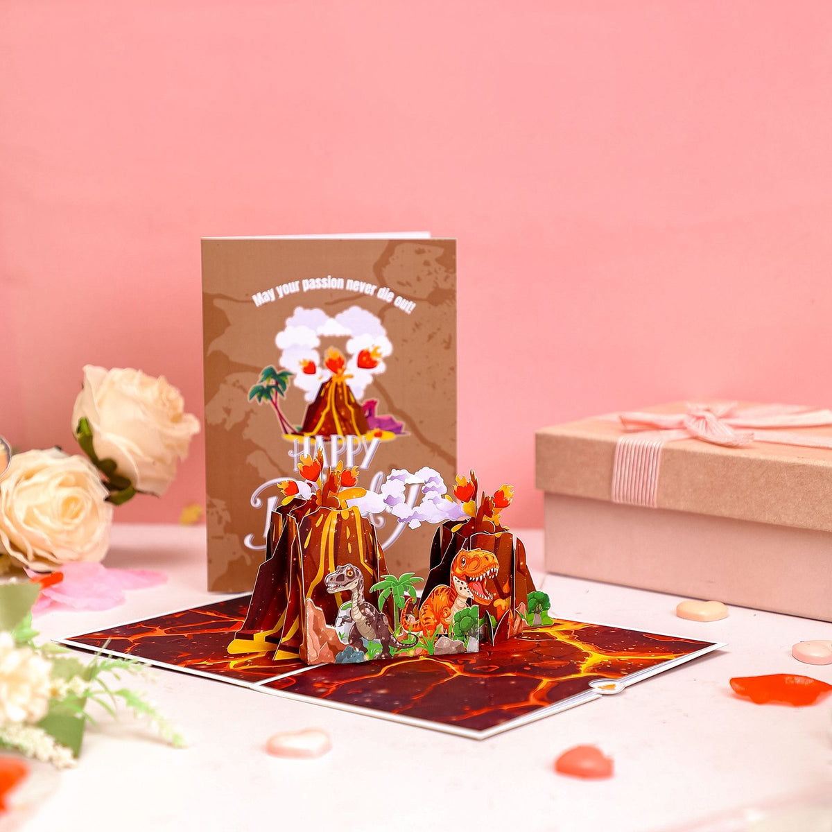 Twin Volcanoes Dinosaur Birthday 3D Pop Up Card