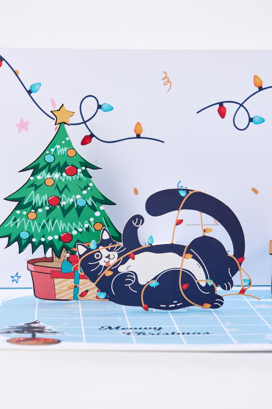 90° Cat Christmas Happy LED Strip Pop Up Card