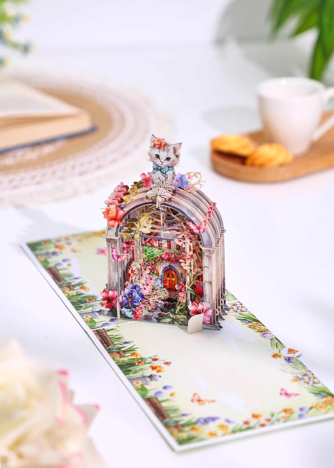Cat Gardening Stained Glass Window 3D Pop Up Card