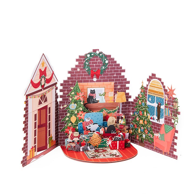 Christmas Door House Floral Wreath Flip Pop Up Card