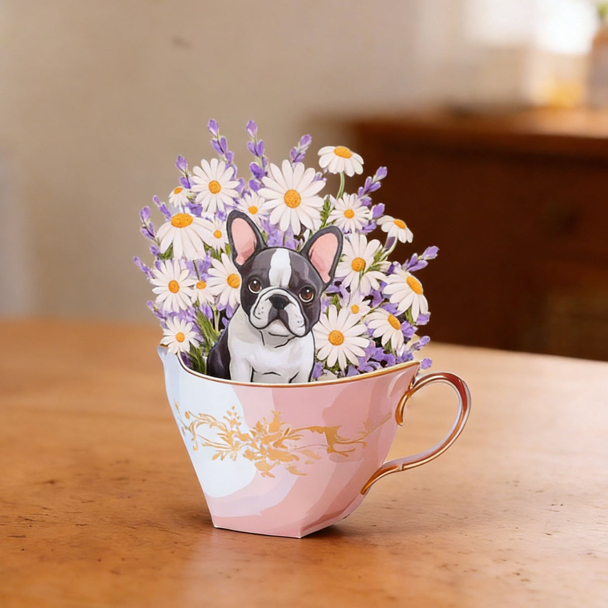 French Bulldog Daisy Teacup 3D Pop Up Card