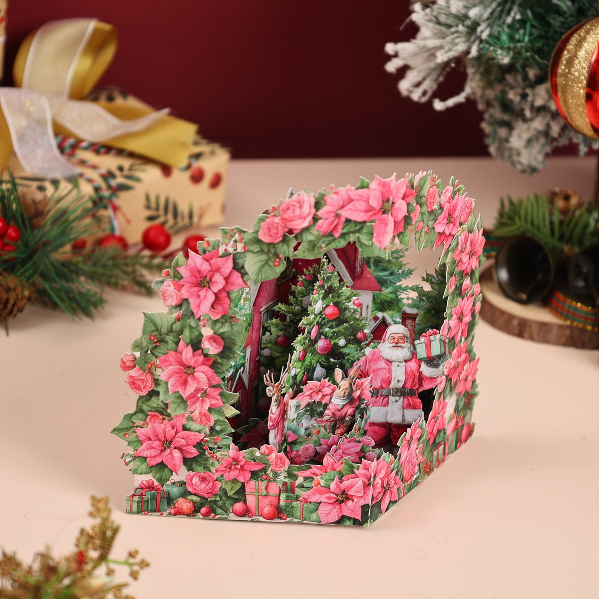 Poinsettia Floral Wreath Snowy House Greeting Card