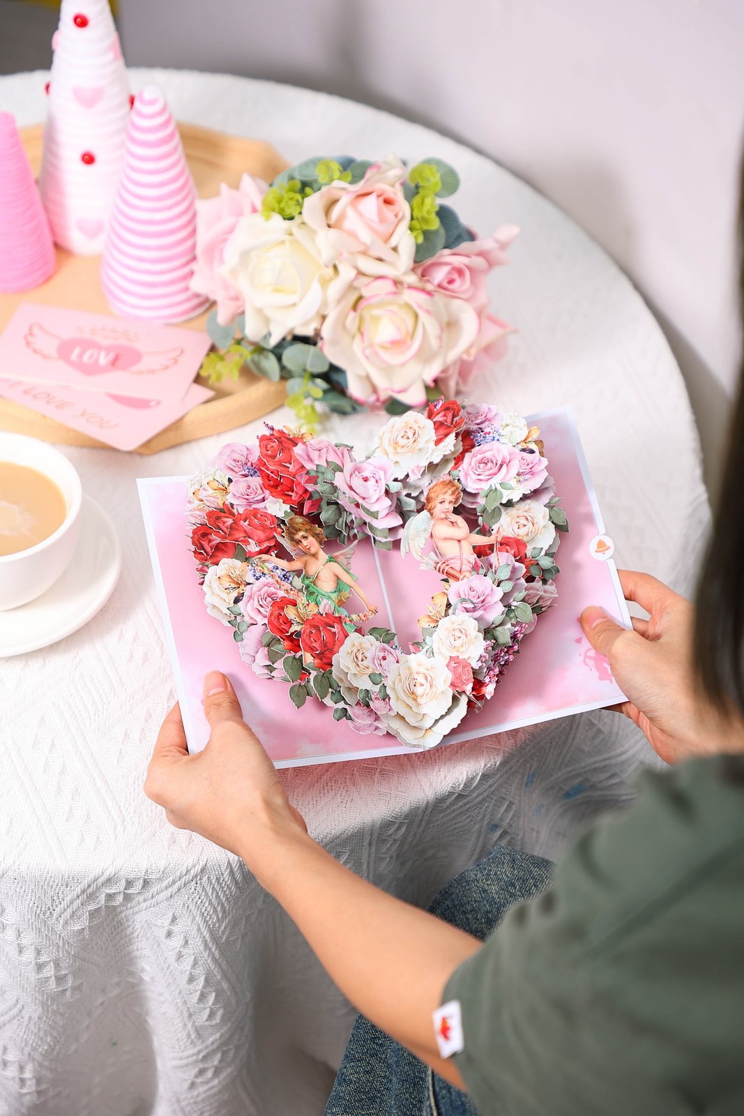 Vintage Angel Heart Floral Wreath Pop Up Card