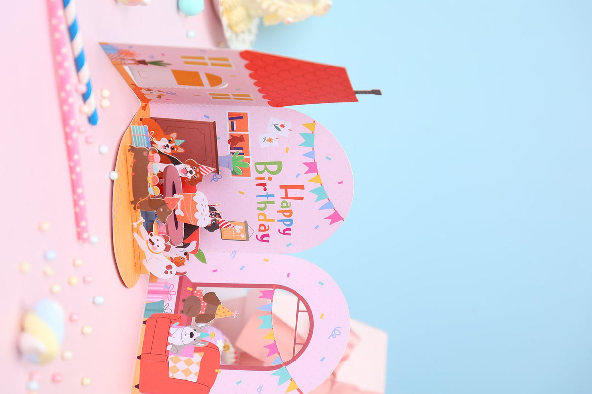Blue Cottage Birthday Flip Pop Up Card
