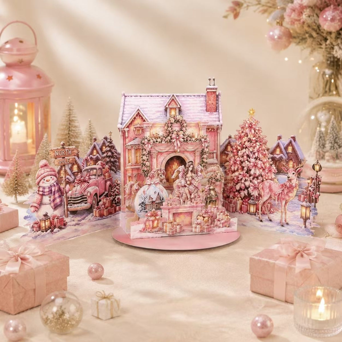 Dreamy Pink Christmas Double Door Pop Up Card