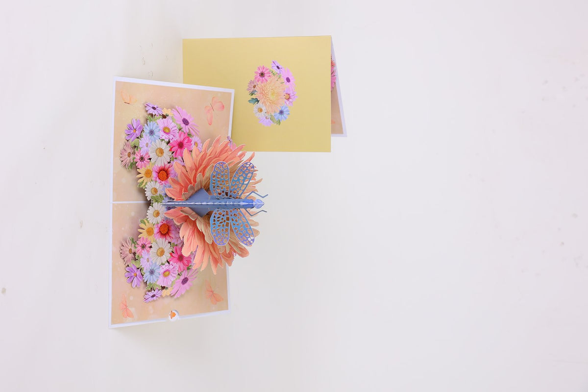 Mixed Color Daisy Dragonfly Greeting Card