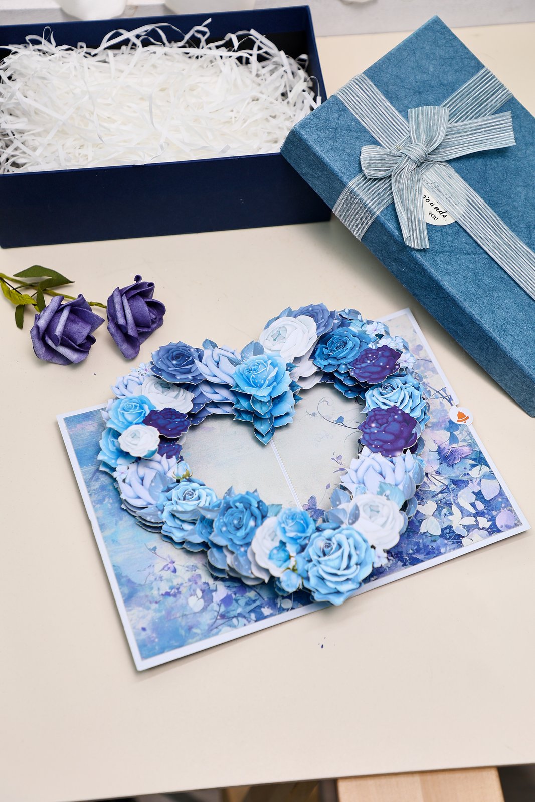 Blue White Rose Heart 3D Pop Up Card