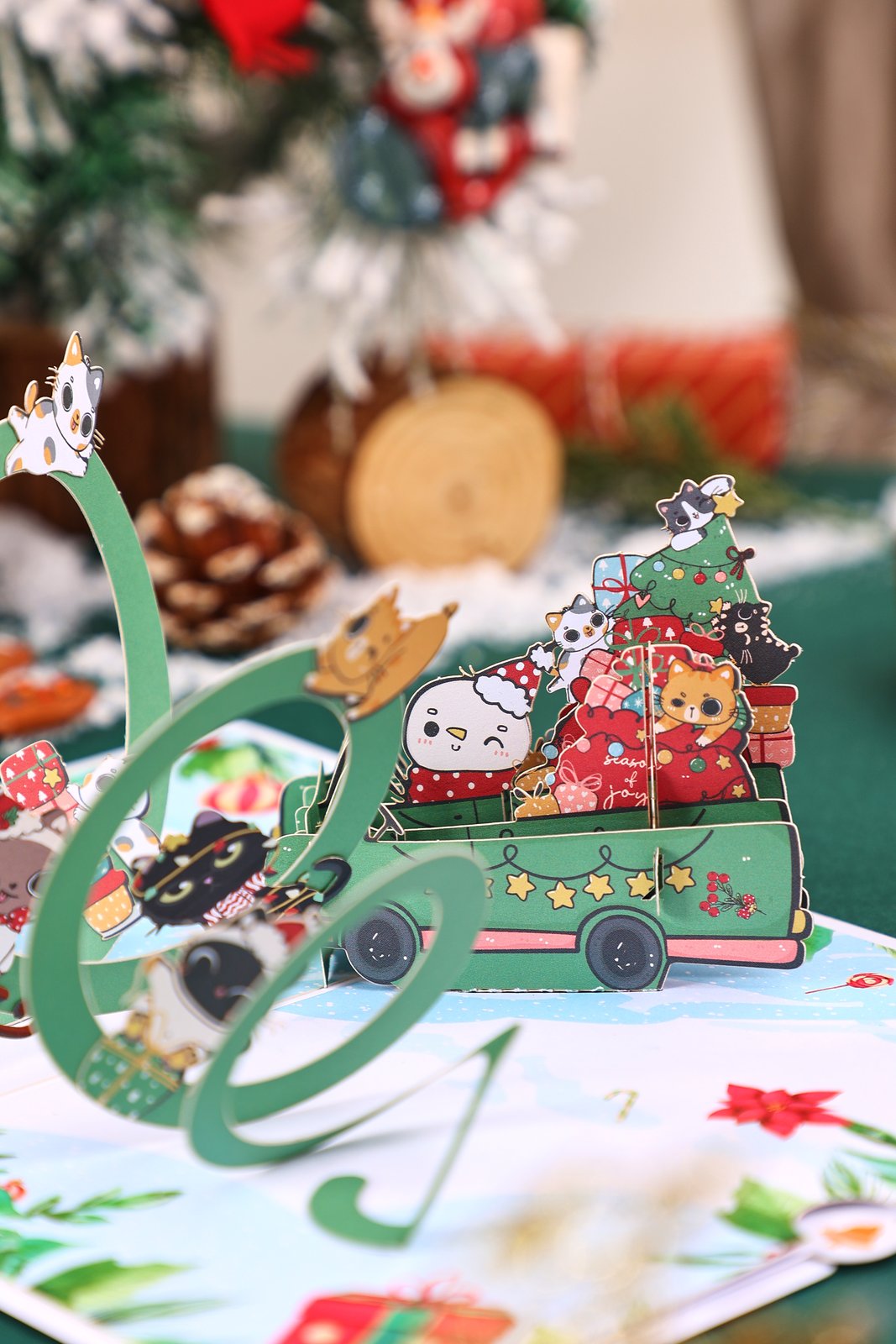 Christmas Cat Snow Car Greeting Card