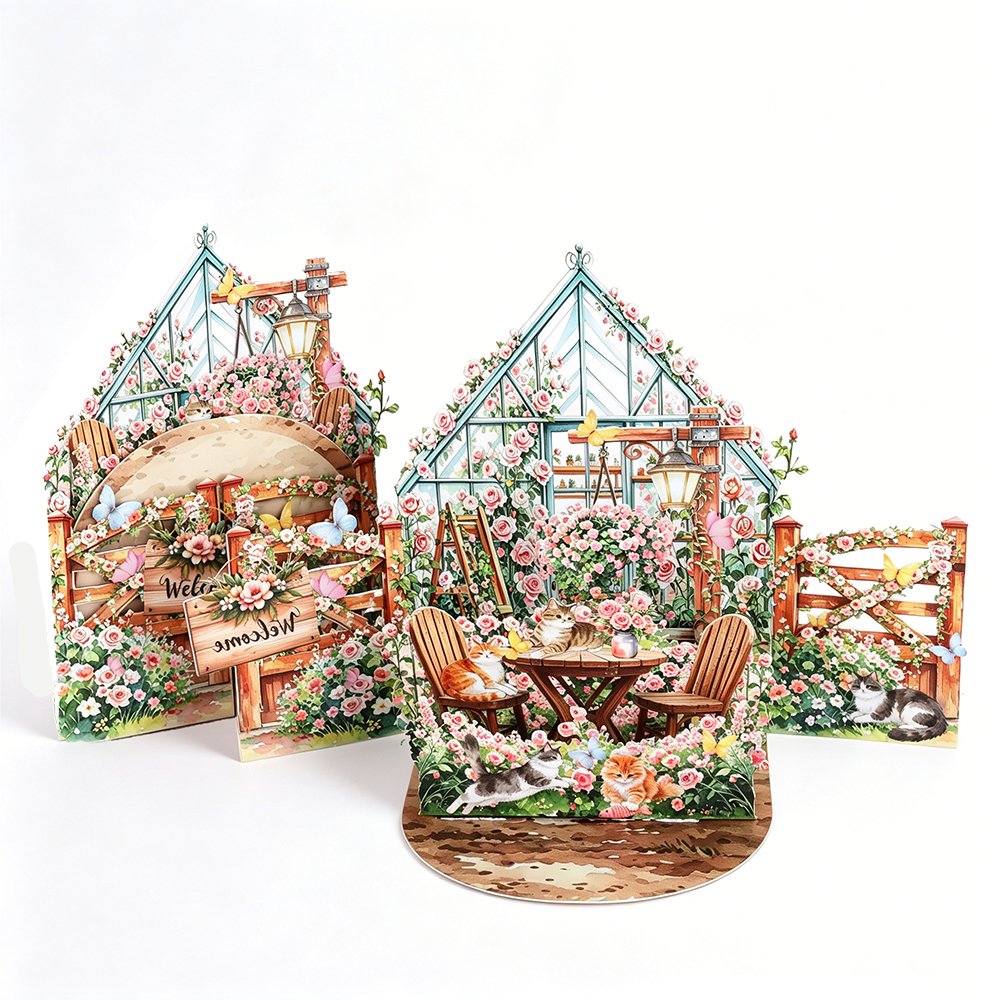 Cat Flower House Double Door Card