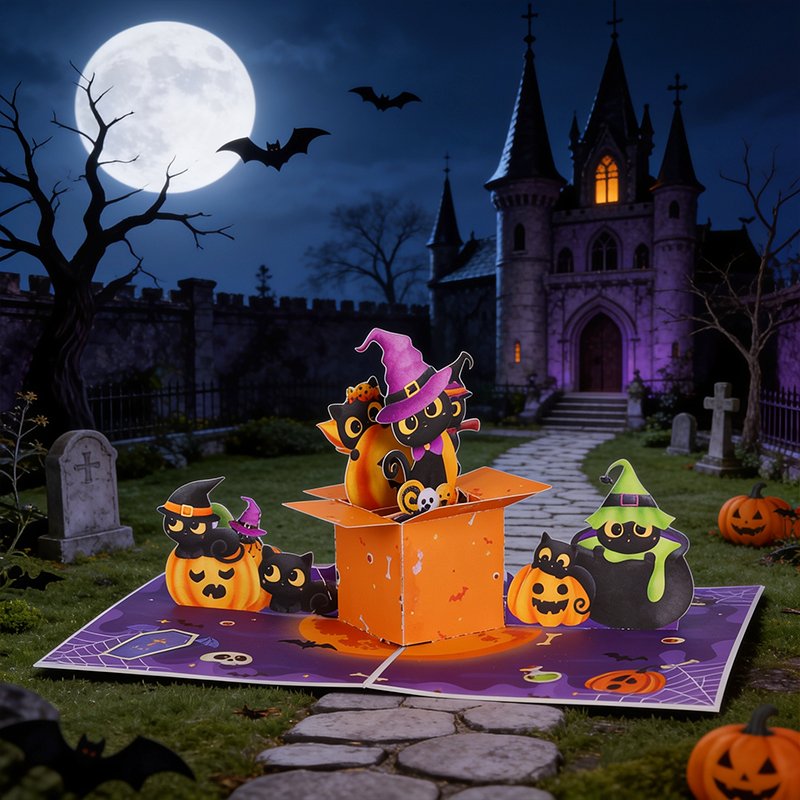 Moon Cat Box Halloween Greeting Card