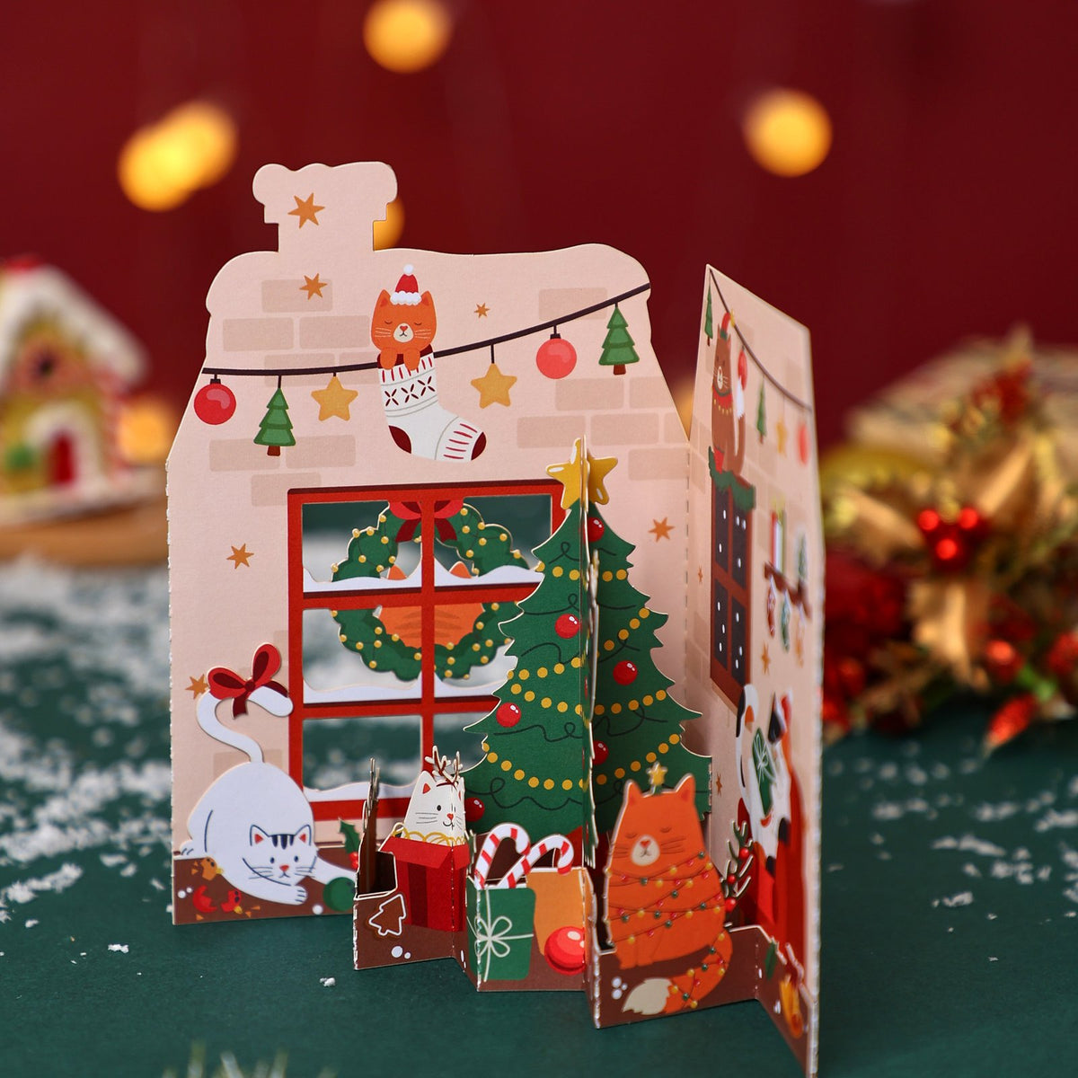 Christmas Tree Kitten Open Door 3D Pop Up Card