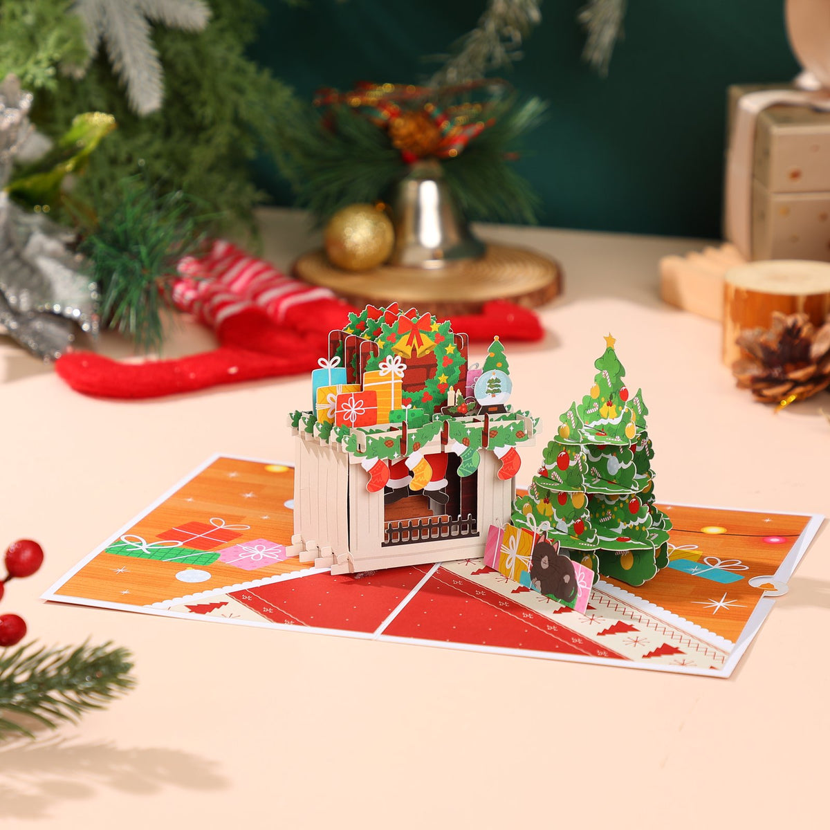 Christmas Fireplace Floral Wreath Flip Pop Up Card