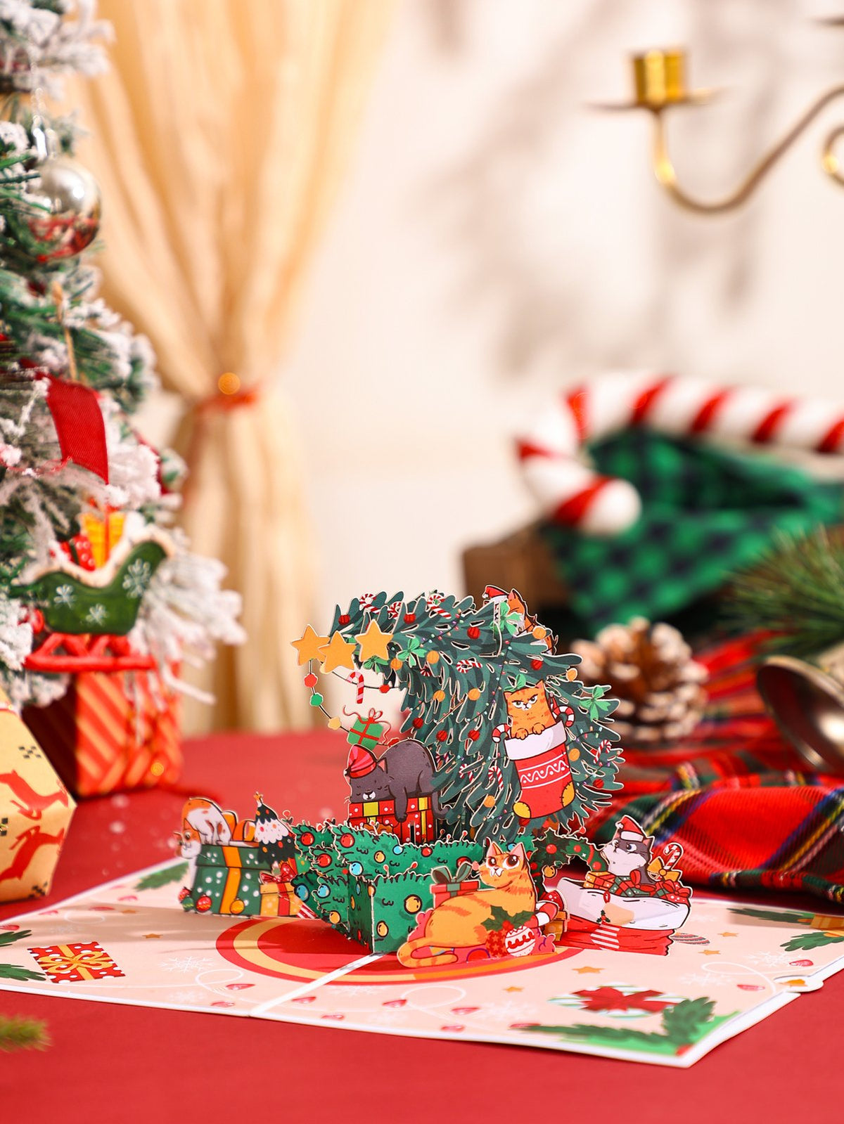 Christmas Tree Cat Crescent Moon 3D Pop Up Card