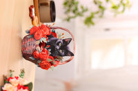 Black Cat Red Rose Basket Hanging Ornament