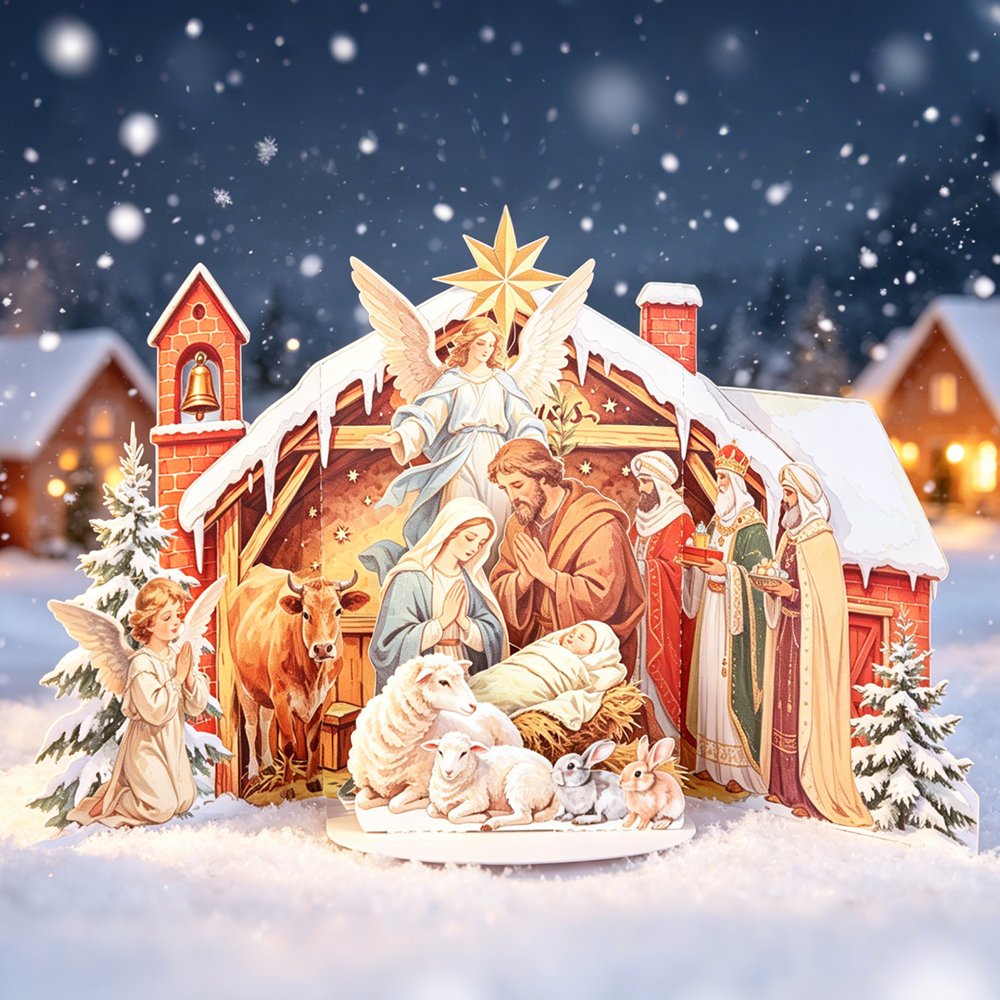 Vintage Nativity Double Door 3D Pop Up Card