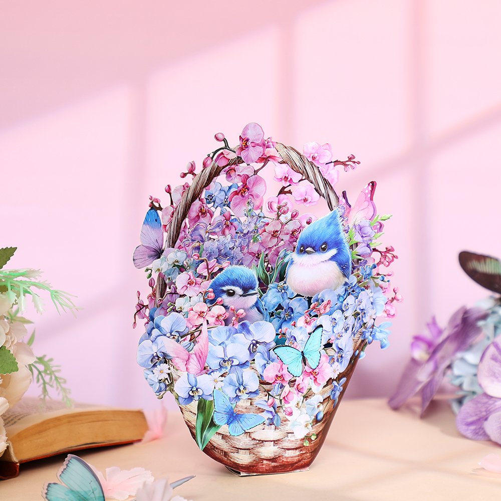 Blue Mountain Sparrow & Orchid Flower Basket 3D Pop Up Card