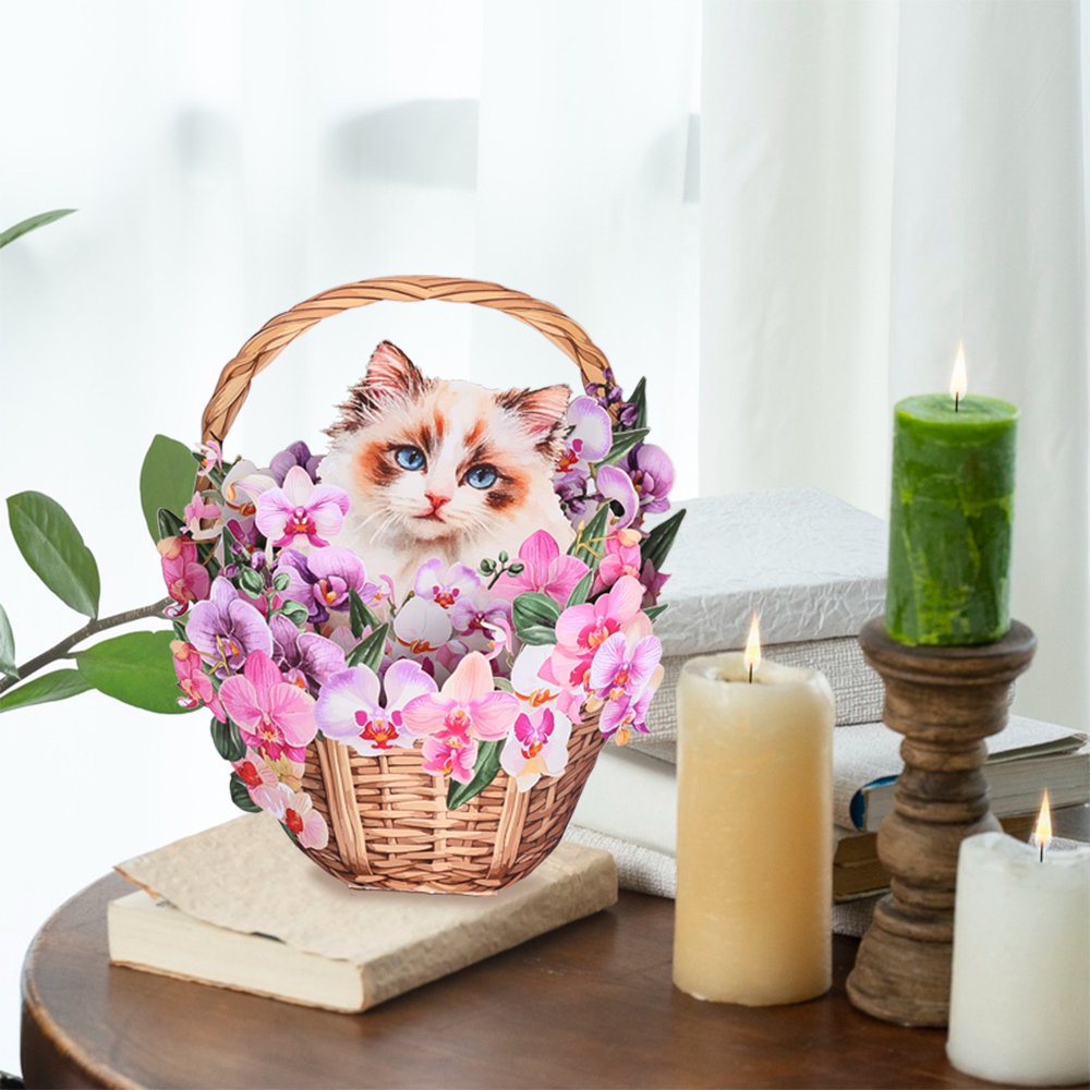 Orchid Ragdoll Cat Flower Basket Pop Up Card