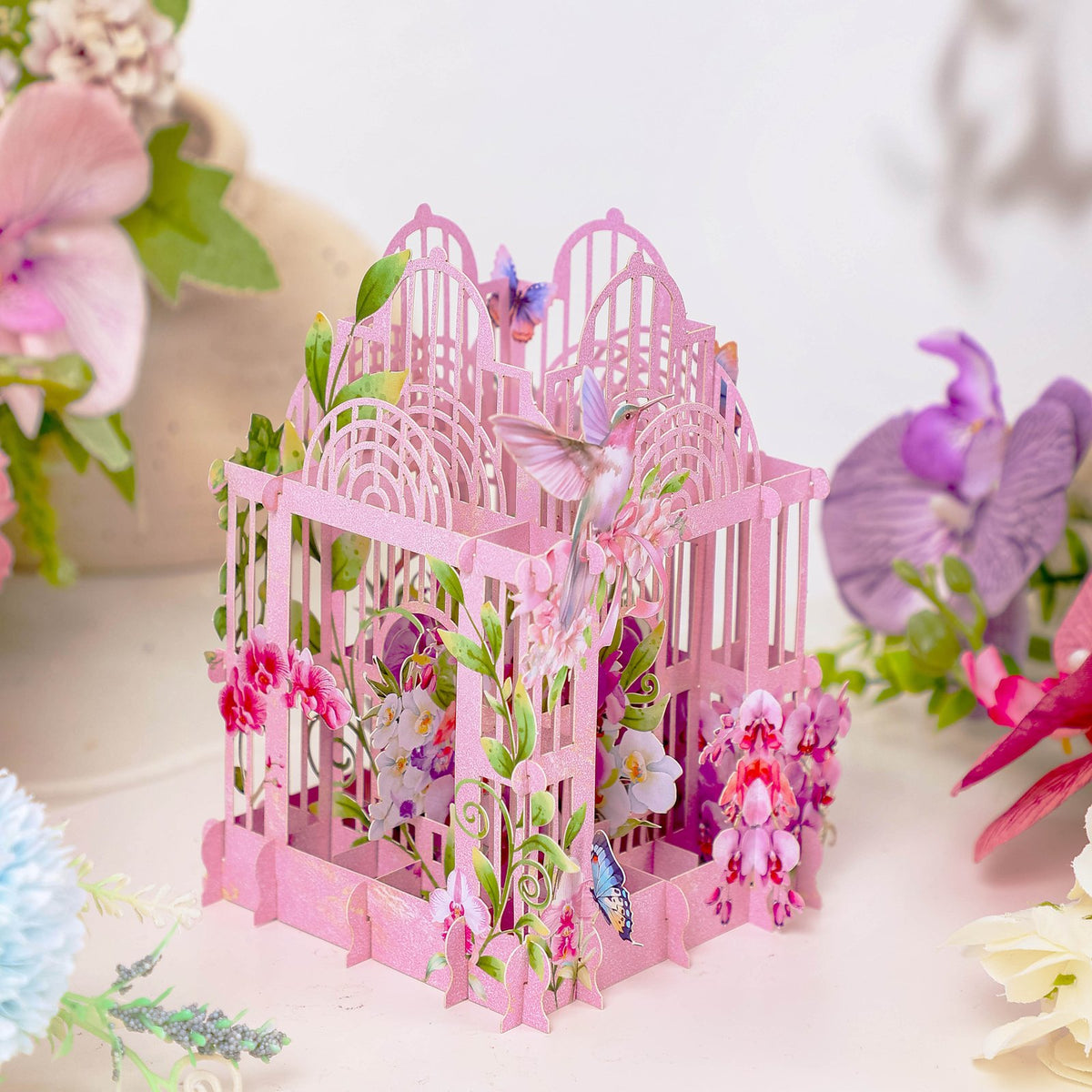 Pink Purple Orchid Birdcage 3D Pop Up Card