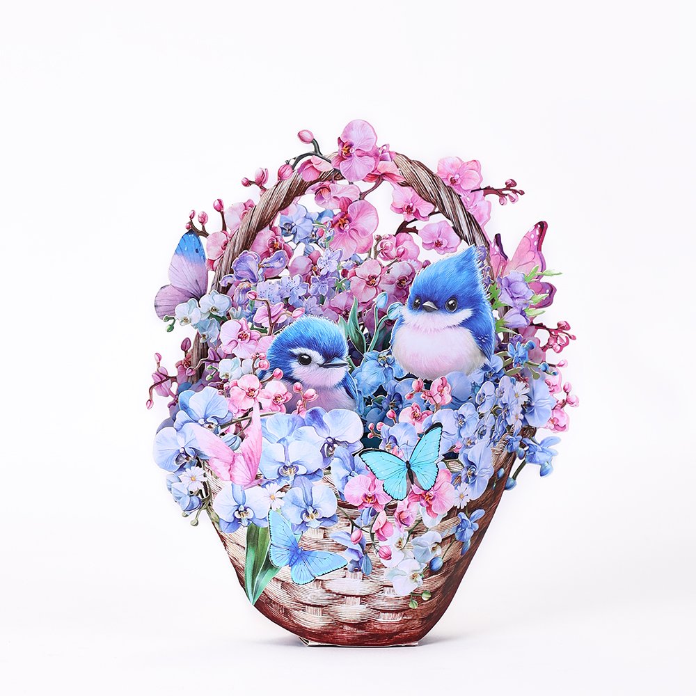 Blue Mountain Sparrow & Orchid Flower Basket 3D Pop Up Card