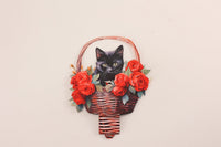 Black Cat Red Rose Basket Hanging Ornament