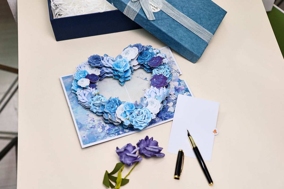 Blue White Rose Heart 3D Pop Up Card