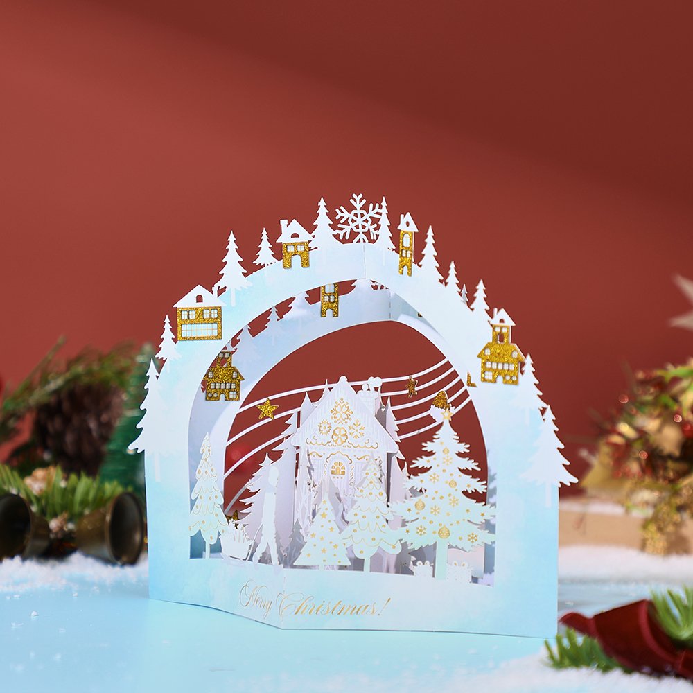 White Snowy Scene Forest Cottage 3D Pop Up Card