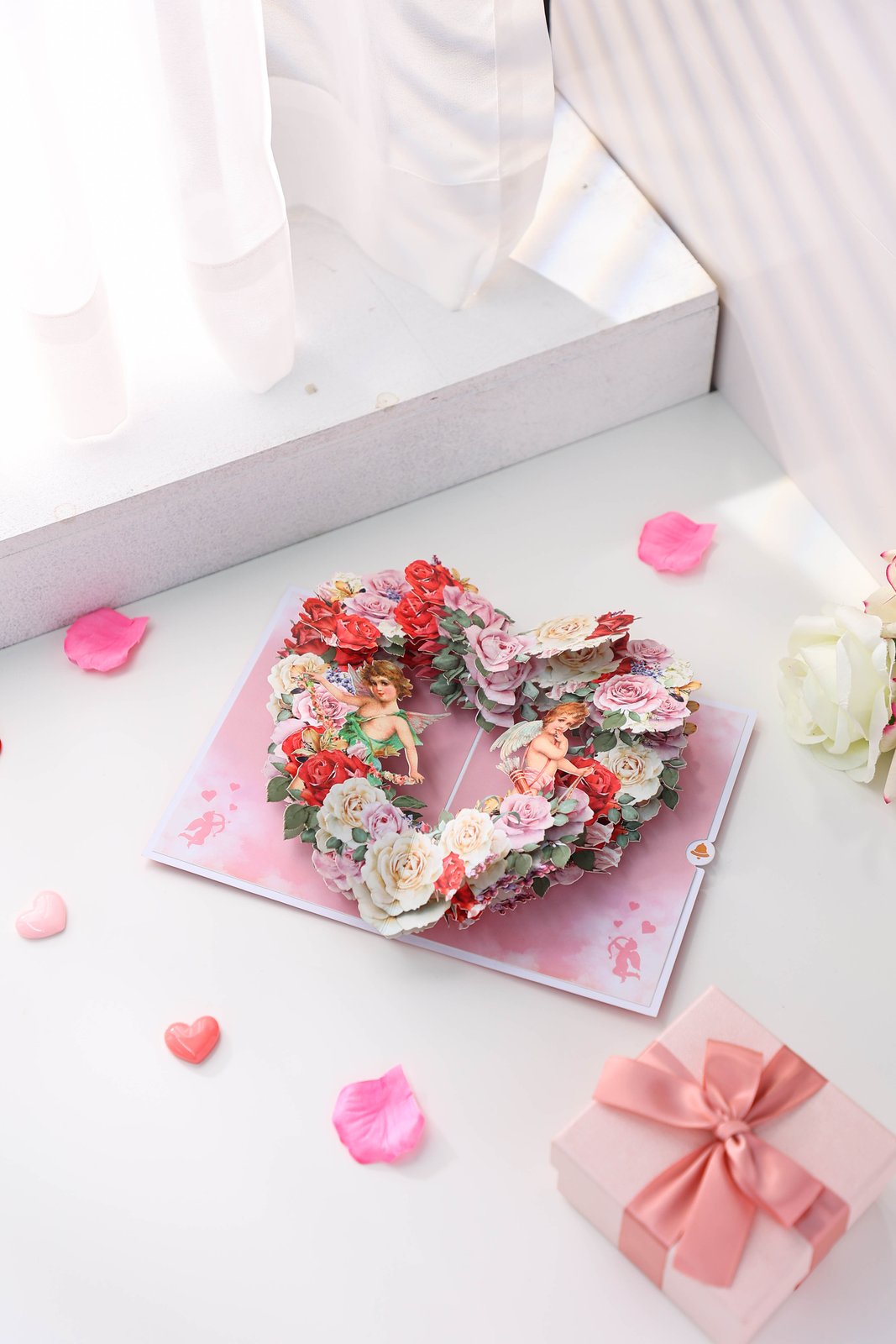 Vintage Angel Heart Floral Wreath Pop Up Card