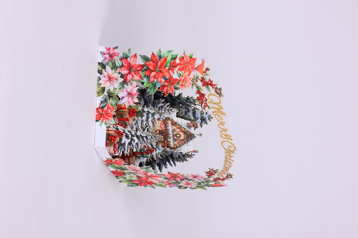 Christmas Floral Wreath Snowy House Greeting Card