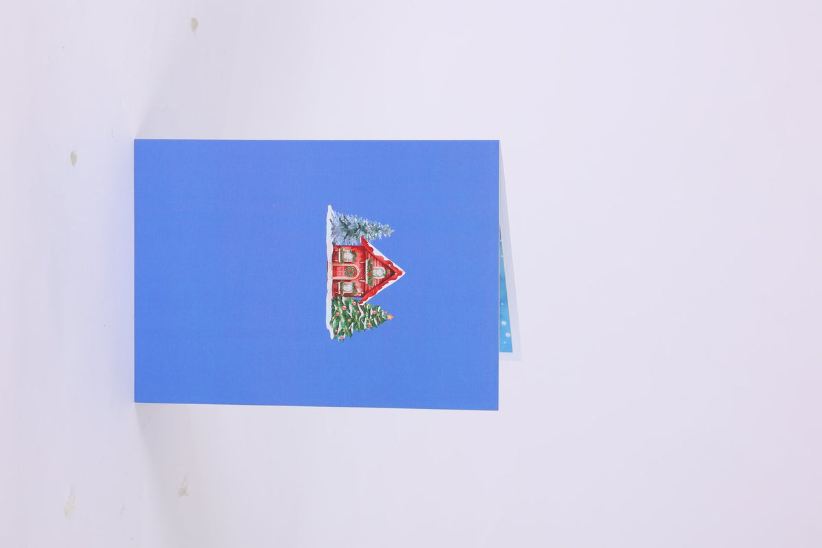 Blue Christmas Cottage Flip Pop Up Card