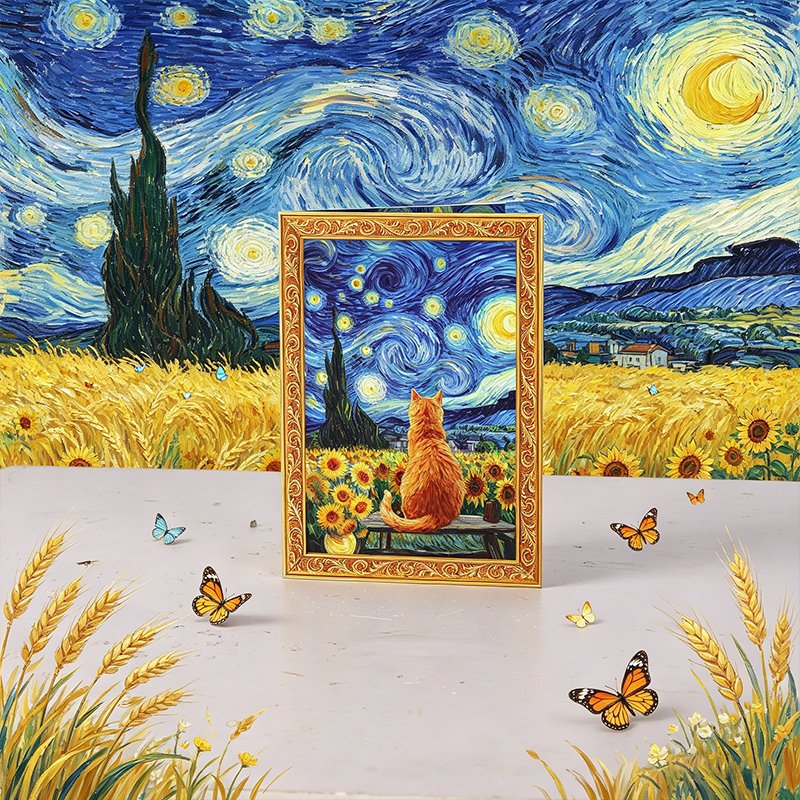 Star Sunflower & Cat Greeting Card