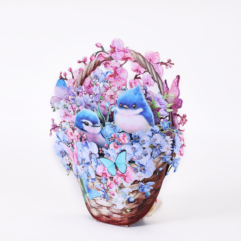 Blue Mountain Sparrow & Orchid Flower Basket 3D Pop Up Card