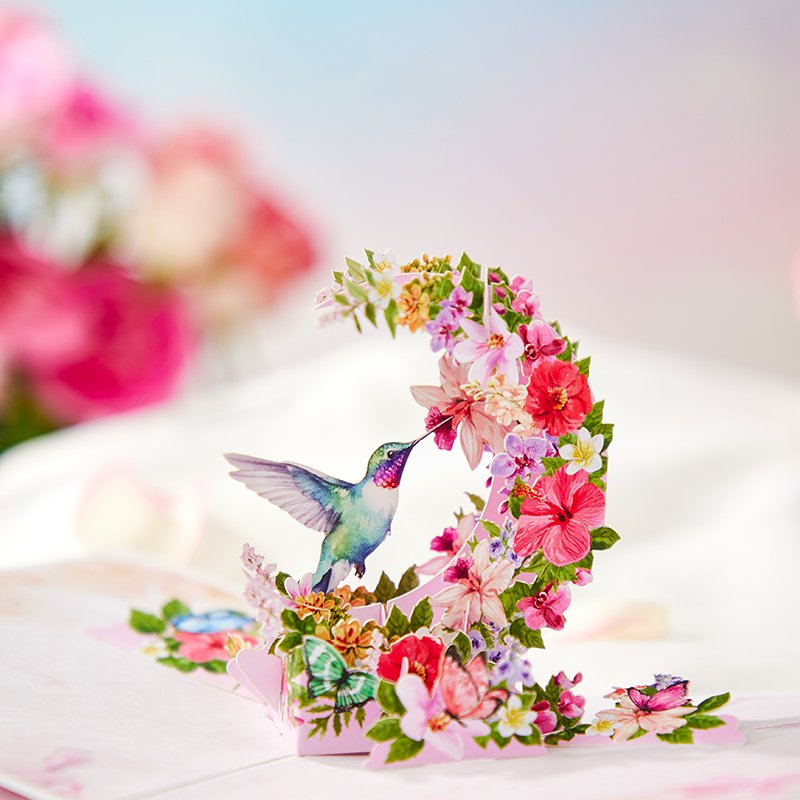 Hibiscus Crescent Moon Hummingbird Pop Up Card