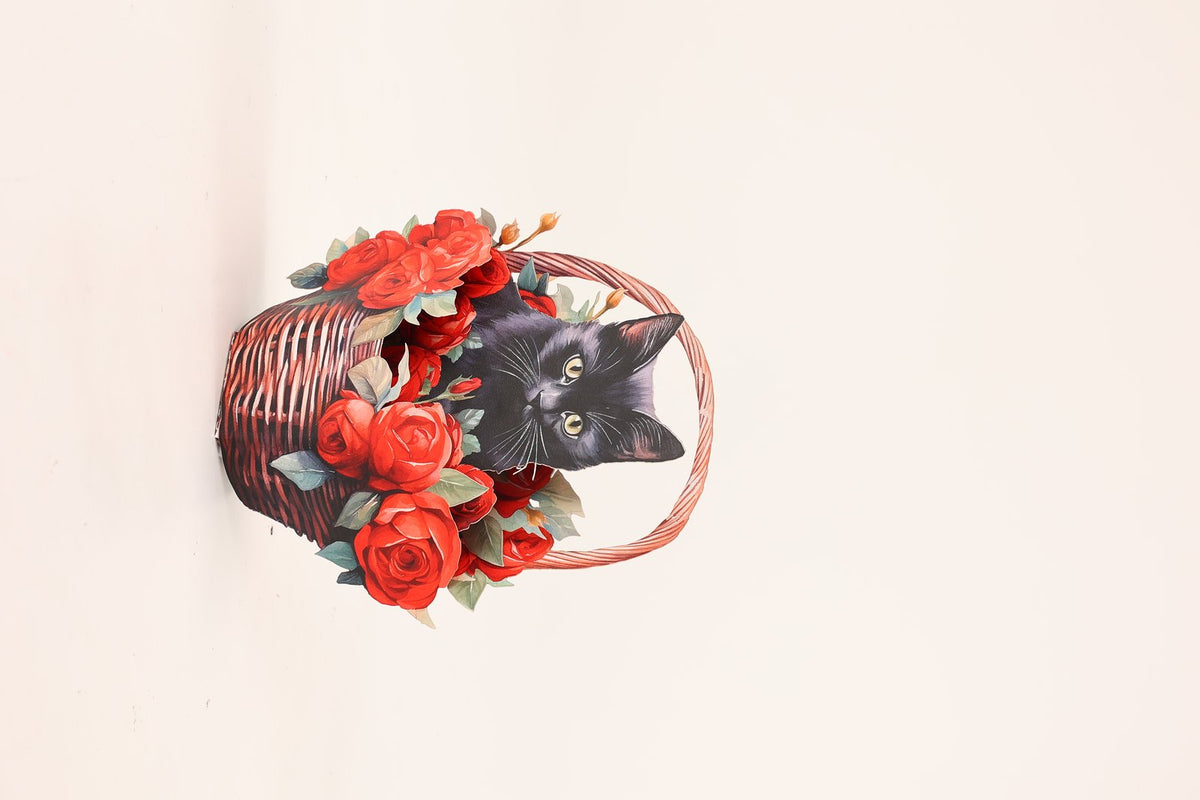 Black Cat Red Rose Basket Hanging Ornament