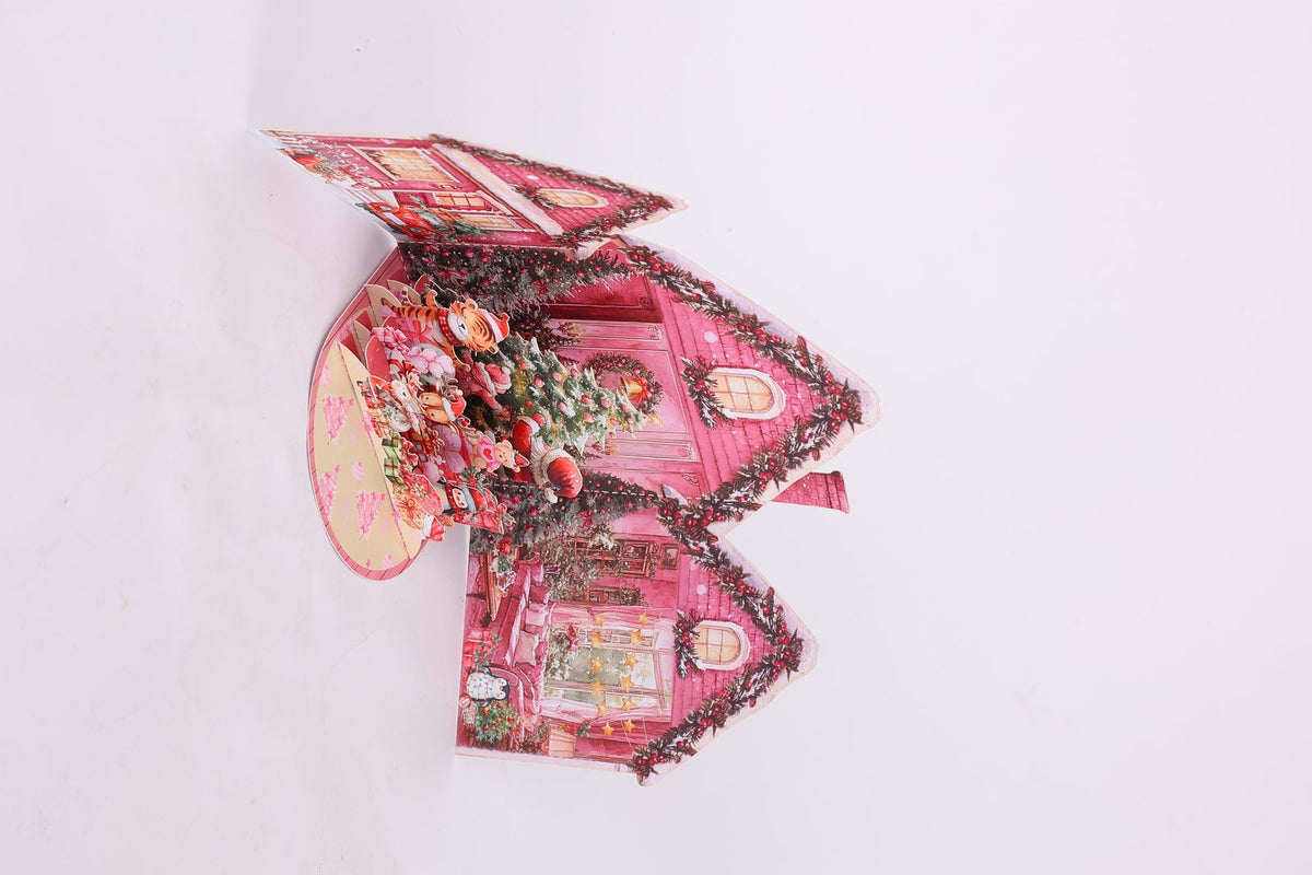 Pink Christmas Snowy House Greeting Card